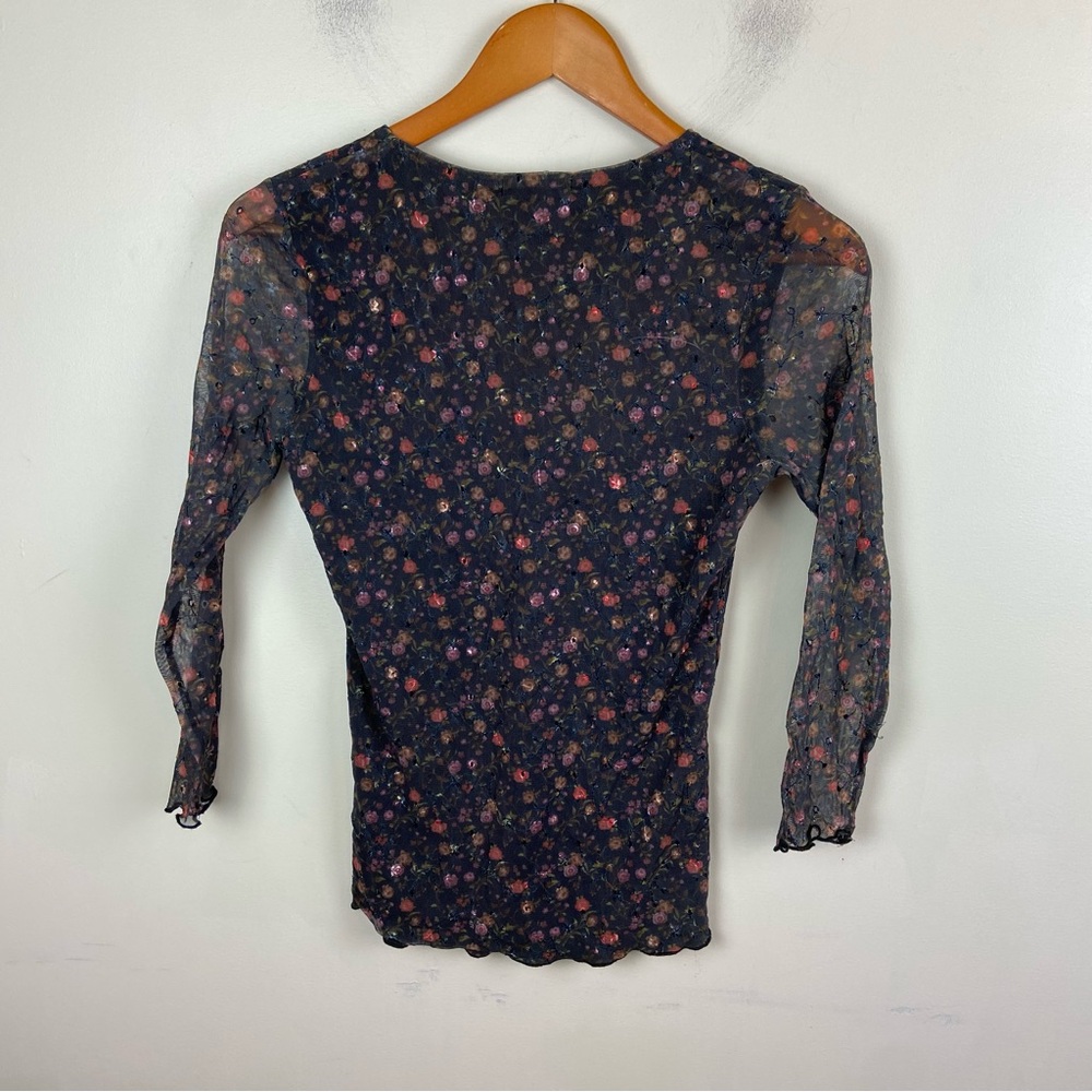 Therapy Micro Floral Sheer Sleeve Mesh Embroidered Eyelet Lettuce Hem Top Small - Picture 4 of 13